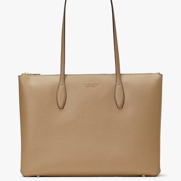 New Kate Spade All Day Large Zip-Top Tote Crossgrain Leather Timeless Taupe - Picture 2 of 5
